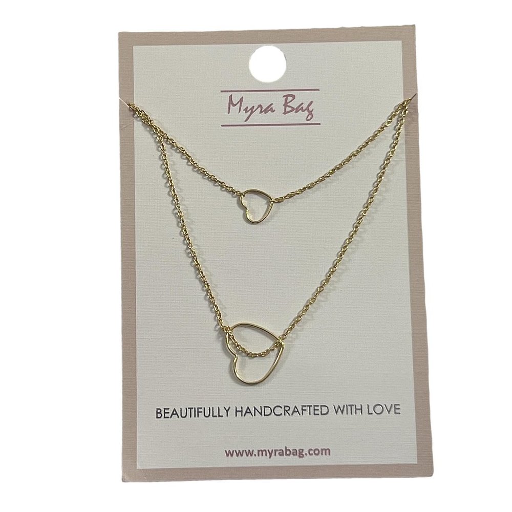 Myra Bag Double Strand Heart Necklace Gold Tone Chain Delicate New on Card